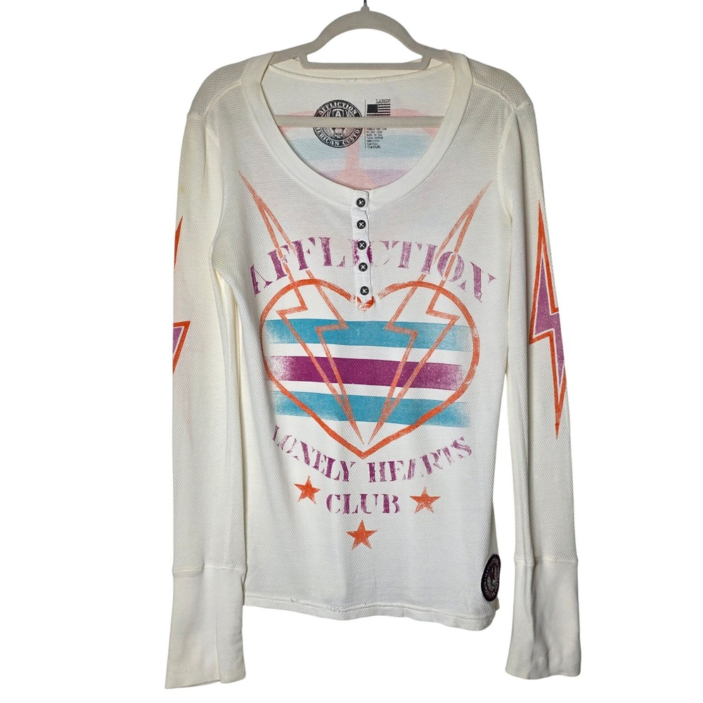 Affliction Lonely Hearts Club Thermal Shirt Large White Henley Y2K Grunge MMA
